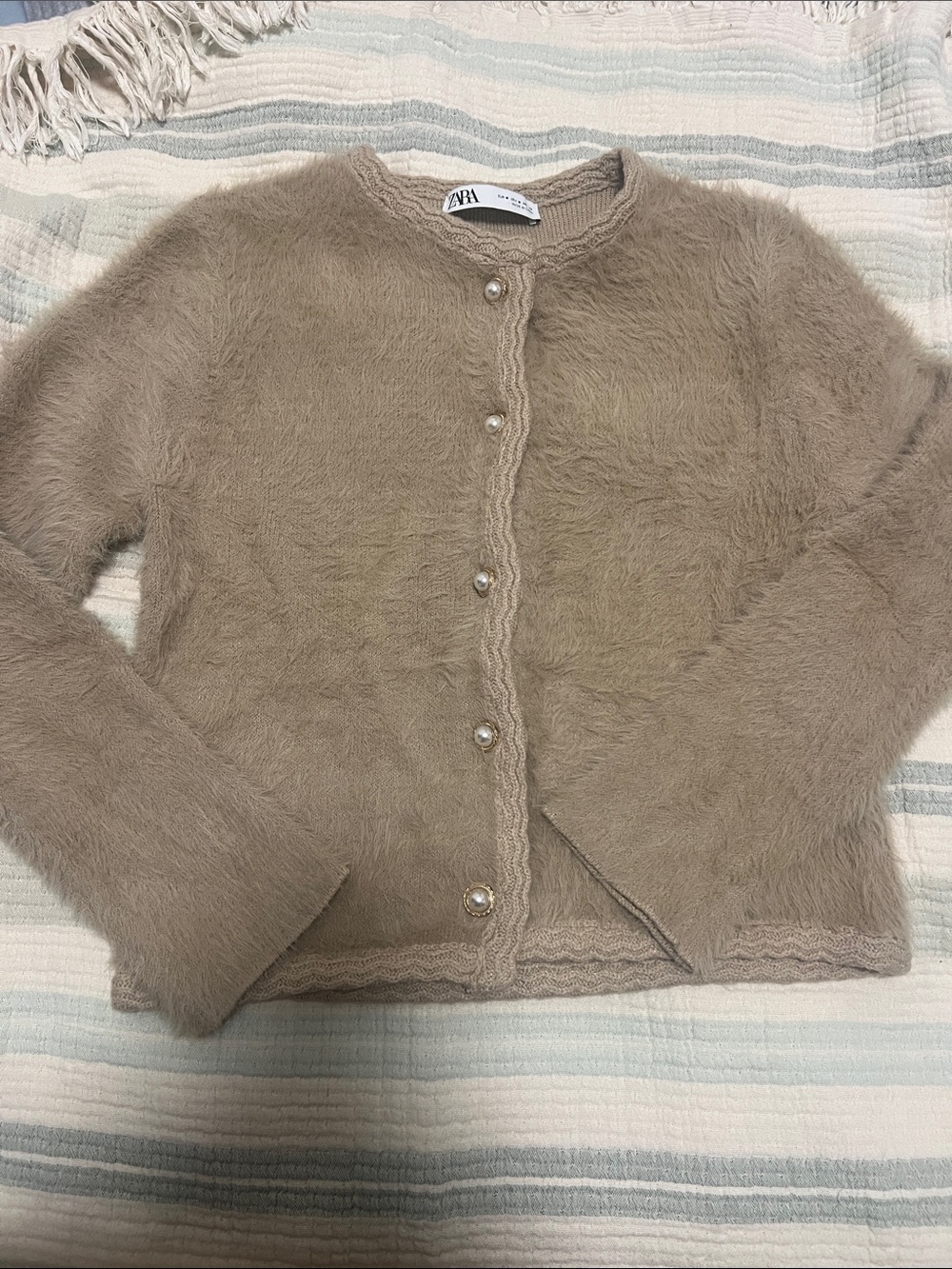 ZARA Taupe Fuzzy Pearl-Button Cardigan